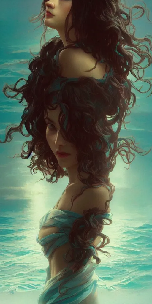 Image similar to haunting beautiful young woman, detailed photo realistic gorgeous face turning waves, dark, ominous, sad eyes, glowing hue of teal, vaporwave aesthetic, synthwave , digital painting, artstation, concept art, smooth, sharp focus, illustration, art by artgerm and greg rutkowski and alphonse mucha