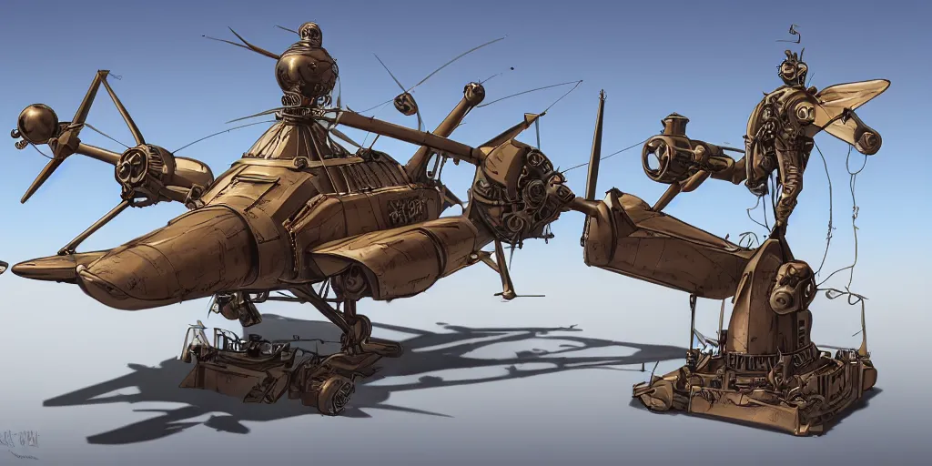 Prompt: war of steampunk attack helicopters with donald trump statue, concept art, industrial design, detailed, 4 k, smooth curves, azure sky