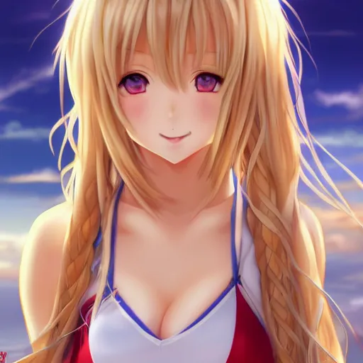 Image similar to a very beautiful young anime basketball girl greeting the camera, full body, long wavy blond hair, sky blue eyes, full round face, short smile, bikini, miniskirt, highly detailed, cinematic wallpaper by stanley artgerm lau