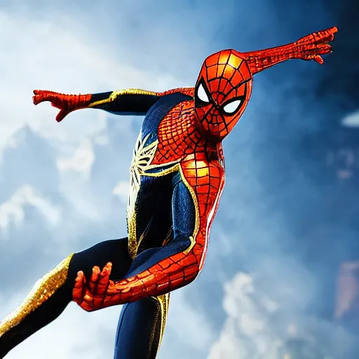 Image similar to gold spider - man suit with black web lining, cinematic, volumetric lighting, realistic, hyperdetailed, photorealistic, photograph