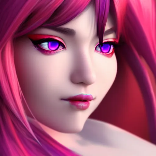 Image similar to Portrait of Ahri, face close-up, high detail, 3D render