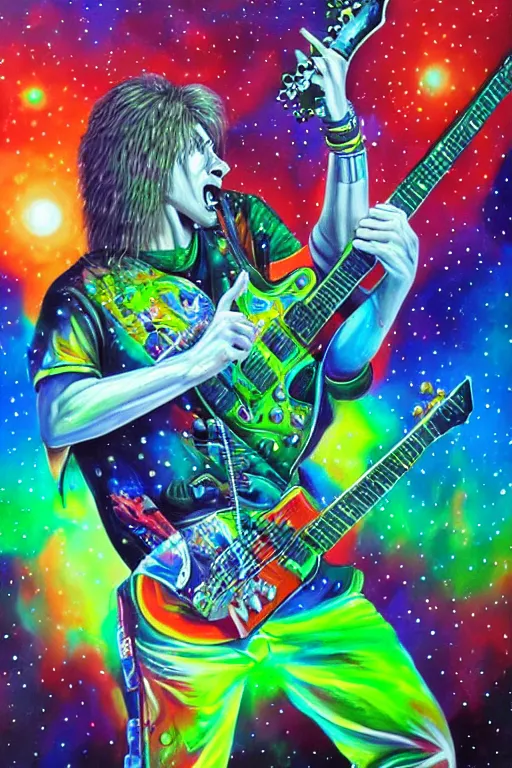 Image similar to beautiful detailed acrylic painting of a psychedelic and hardcore dave munstaine play music in the cosmos