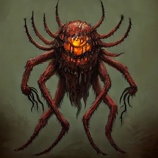 Image similar to d & d monster, huge spider monster with 1 0 0 eyes, each leg covered in mouths, dark fantasy, concept art, character art