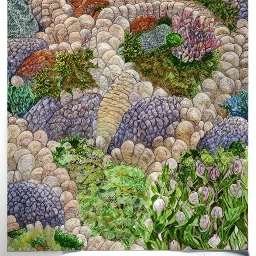 Image similar to delicate stone walls coastline garden on paper, spirals, stony, floating, puffy, vines, botanical herbarium, botanic watercolors, iridescent, 8 k wide angle, realistic shaded, fine details, artstation, italian, rainbow, colonnade, oak, pinecone, pomegranade, vines, gardena architecture, pompeian, sicilian