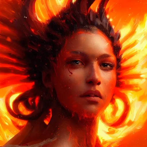 Image similar to a beautiful portrait of a fire goddess by Greg Rutkowski and Raymond Swanland, Trending on Artstation, Flaming Background, ultra realistic digital art