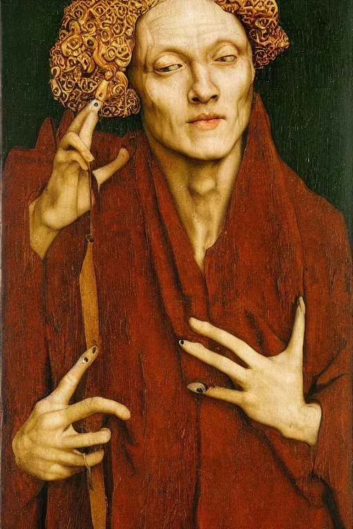 Image similar to portrait of delirium of the endless, sandman, oil painting by jan van eyck, northern renaissance art, oil on canvas, wet - on - wet technique, realistic, expressive emotions, intricate textures, illusionistic detail