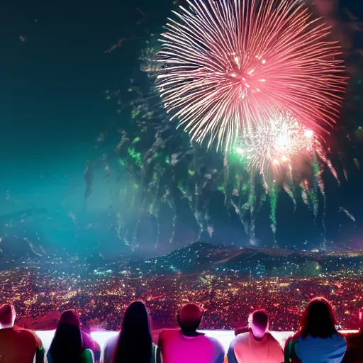 Prompt: 8 k hd detailed octane render of people watching a fireworks show at night