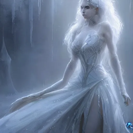 Prompt: kerli koiv as a ice queen full ball gown dress, darkwave, darksynth, concept art, sharp, digital matte painting, art by luis royo, greg rutkowski, wlop, dramatic lighting, trending on artstation