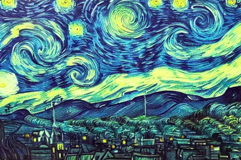 Image similar to man is seeing old god cthulhu terrifying the night sky of a city, epic scene oil painting hyper - detailed realistic dark - art painted by van gogh