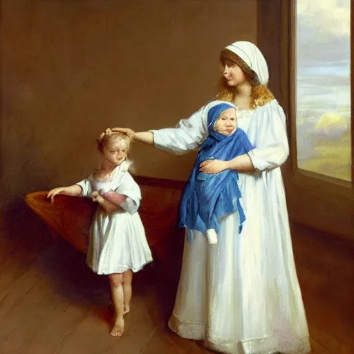 Image similar to a painting of a woman holding a child. The woman is wearing a white dress and has a blue scarf around her head. The child is a young girl, and she is also wearing a white dress. They are both standing in front of a window, and there is a curtain blowing in the wind. The colors in the painting are very soft and muted.