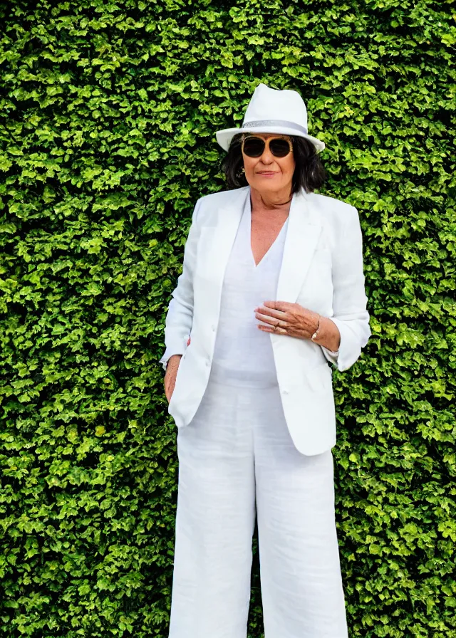 Image similar to close up portrait photo of a woman in her fifties wearing a white linen trouser suit and panama hat, standing in front of an ivy wall, 8 5 mm f / 1. 8, bokeh, backlit