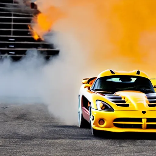 Image similar to a yellow dodge viper doing a burnout