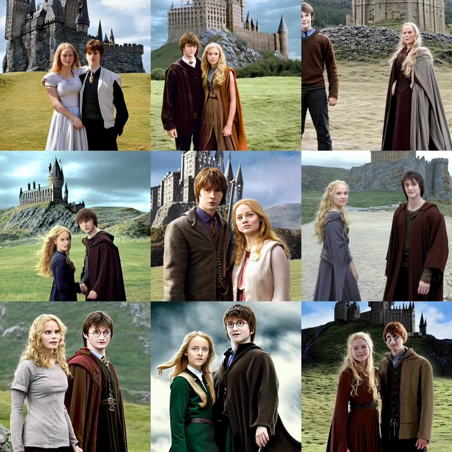 Prompt: eowyn and harry potter stand together in front of a castle