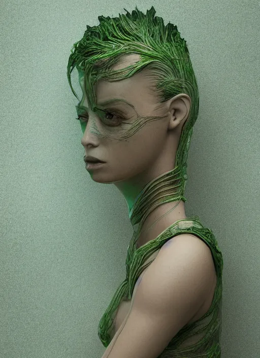 Prompt: alien woman, lake, clothes made out of leaves, rgb, cables everywhere, bedroom, ultra realistic, concept art, intricate details, highly detailed, photorealistic, octane render, 8 k