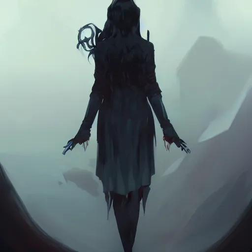 Image similar to female human vampire witch in the style of greg rutkowski, makoto shinkai, trending on artstation, character design, concept art, pretty face, highly detailed, long black hair, portrait, digital art