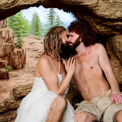 Image similar to caveman getting married in real life, intricate, highly detailed, detailed, hyper realistic, 4 k, 8 k uhd, realistic, great detail