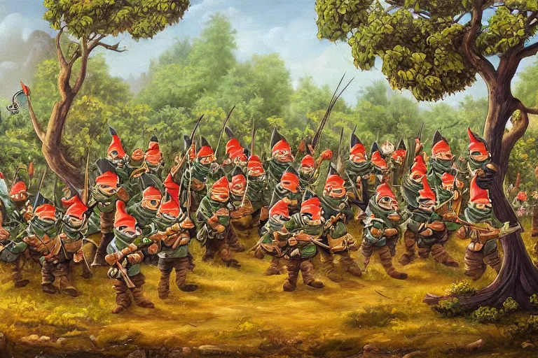 Prompt: an army of gnomes sending an arrow volley at a tree. canvis oil painting
