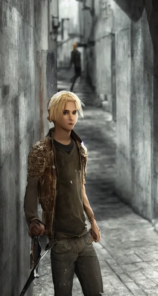 Image similar to A young blonde haired boy wearing thief clothes with daggers in an alleyway, epic fantasy, octane render, high detail, photorealistic, High details,4k