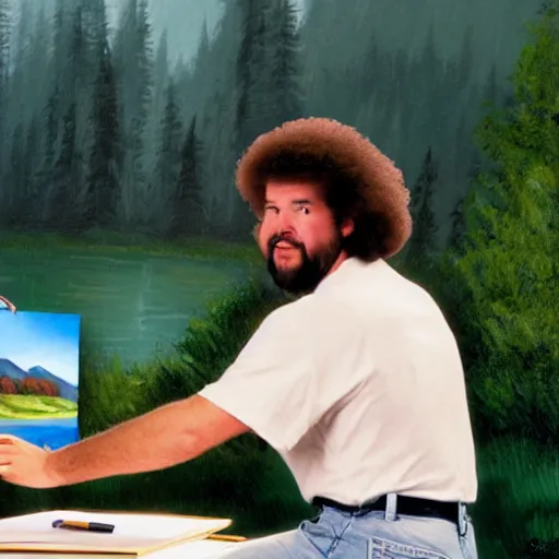 Image similar to a closeup photorealistic photograph of bob ross working on an image of kenny powers autographing a baseball, painting on a canvas. mountains and trees. film still. brightly lit scene. this 4 k hd image is trending on artstation, featured on behance, well - rendered, extra crisp, features intricate detail, epic composition and the style of unreal engine.