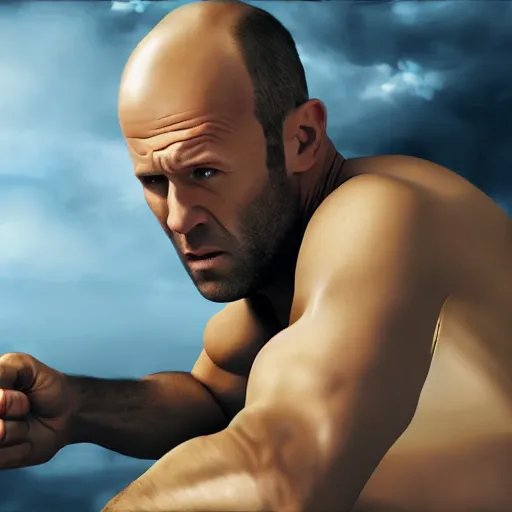 Prompt: jason statham fighting a computer, half body shot, path traced, fight scene, highly detailed, high quality, digital painting