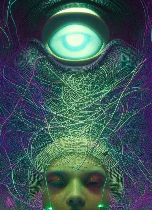 Image similar to A wall made out of eyes, flat, neon, RGB, glowing wires everywhere, pristine, by Edgar Maxence and Ross Tran, Zdzisław Beksiński, and Michael Whelan, gustav dore, H.R. Giger, 8k, octane render