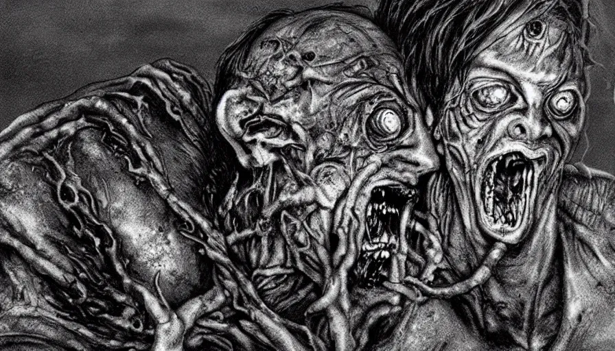 Image similar to a disgusting vile zombie monster eating a man, silent hill, david lynch inspired by The Thing, by Cronenberg and greg nicotero