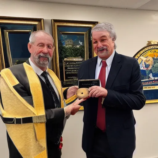 Prompt: photo of a mayor handing the town key to a rat