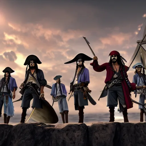 Prompt: the strawhat pirates facing off against jack sparrow, 4 k, matte painting