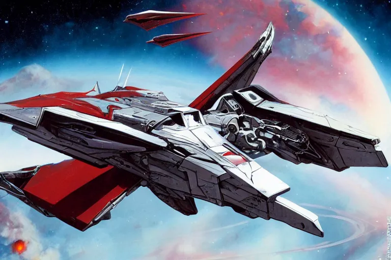 Image similar to gnostic space nebula framing a pteranodon mecha interceptor, small against the backdrop of space, white john berkey armor panels, wine-red and grey trim, robotech styling, with white Kanji markings outlined in black, boeing concept art painting, cinematic lighting, amazing lifelike cinematic photo render