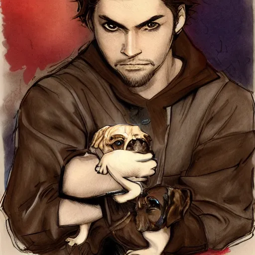 Prompt: self portrait, young white hispanic handsome man with short light brown hair and light skin and a 5 o clock shadow, holding a pug for a picture, fighting against 2 swordsmen pencil art, added detail, high definiton, colored, backfacing, illustrated by yoji shinkawa