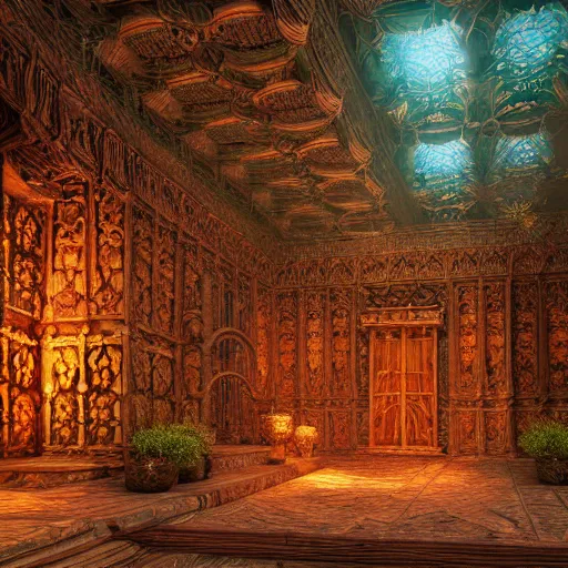 Image similar to Photorealistic magic elven temple made of intricately woven birch woodwork. Hyperdetailed photorealism, 108 megapixels, amazing depth, glowing rich colors, powerful imagery, psychedelic Overtones, 3D finalrender, 3d shading, cinematic lighting, artstation concept art