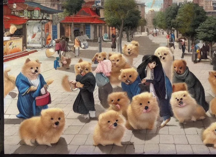 Image similar to too many pomeranians in the street, idealized pleasant fresco of a suburban area, trending on pixiv, brilliant pomeranian puppies in the street.