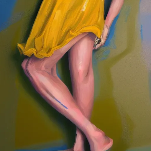 Image similar to a photo of a woman wearing a yellow dress with one leg exposed, the woman is barefoot, detailed body structure, detailed face with pink lips and blue eyes, highly detailed, high contrast, beautiful lighting, award winning, trending on art station, 8 k,