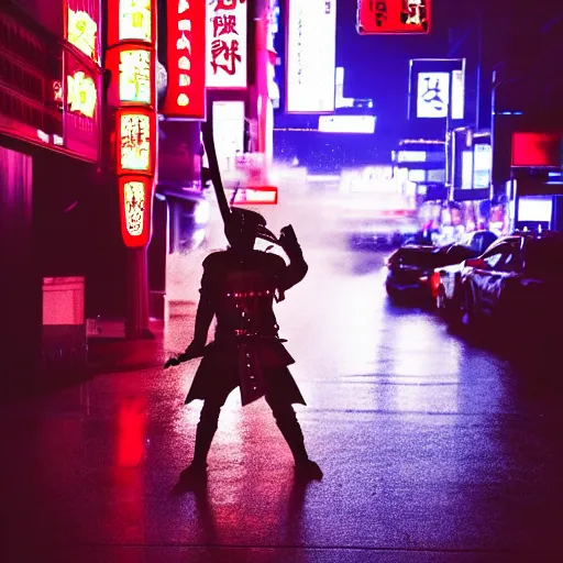 Prompt: photograph of a samurai warrior in a post modern Japan, neon lights, night, dark, volumetric light, raining, high contrast, epic