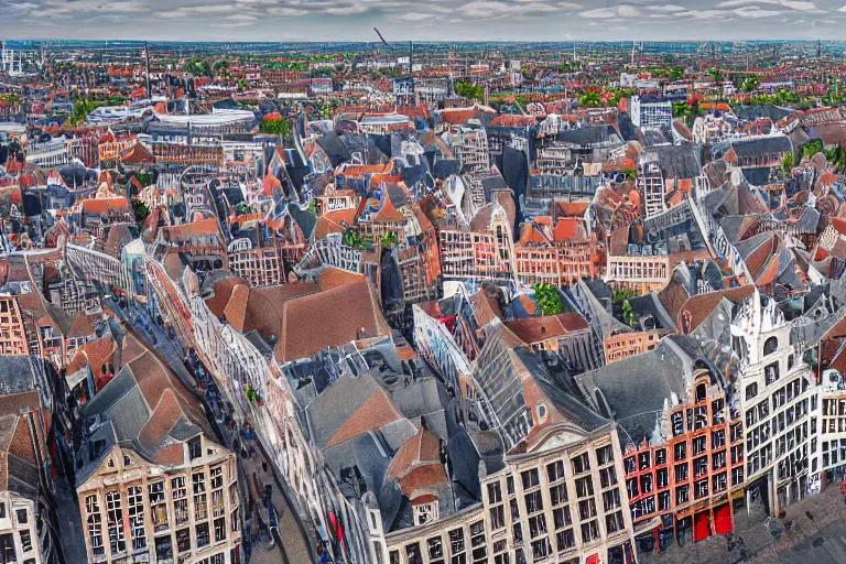 Prompt: drone view of gent belgium, hyperrealism painting, wide angle, very detailed, high resolution