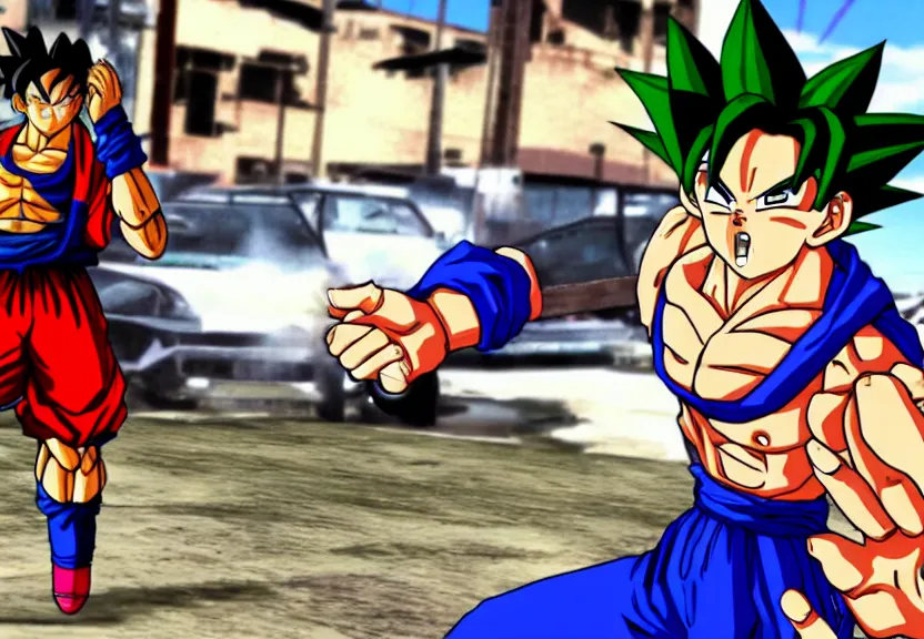 Prompt: A screenshot of Goku in GTA San Andreas.