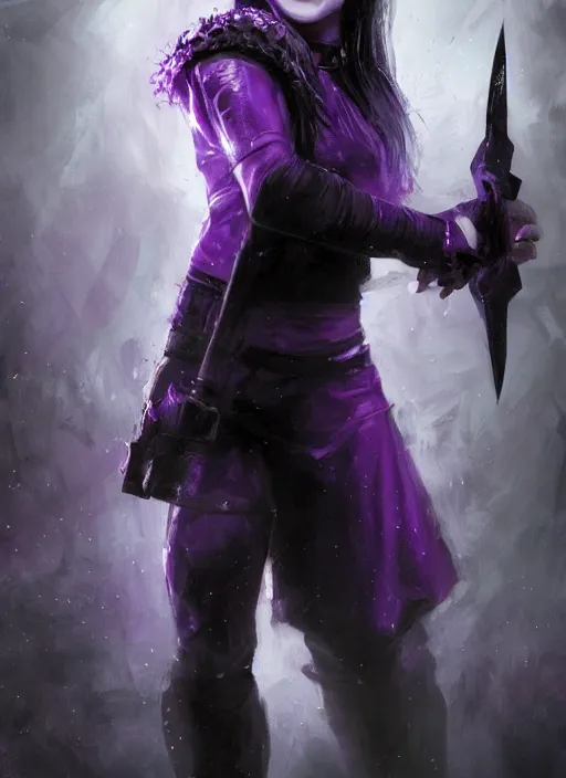 Image similar to An epic fantasy comic book style portrait painting of a young boy with straight shoulder black hair lilac eyes. Wearing black combat clothes. She is holding knives in both hands. Menacing look. Dark purple energy portal around, born from shadows. Unreal 5, DAZ, hyperrealistic, octane render, cosplay, RPG portrait, dynamic lighting