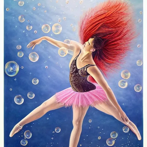 Prompt: a beautiful hyper - detailed painting of a beautiful underwater ballerina lyrical dancer, weightless, flowy, deep color, fine bubbles