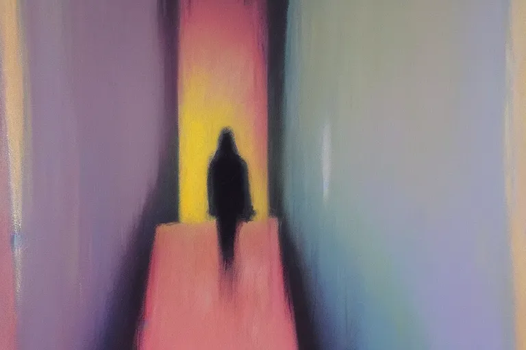 Image similar to A oil on canvas painting of a figure walking up the stairs into a mysterious room with a mysterious light, pastel colours, depth of field, dreamy, uplifting,