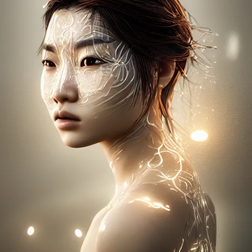 Prompt: intricate highly detailed face portrait of asian - european woman, light water vines on her face, intricate, cgsociety, unreal engine, octane render, sharp focus, smooth, volumetric lighting, cinematic composition, artstation