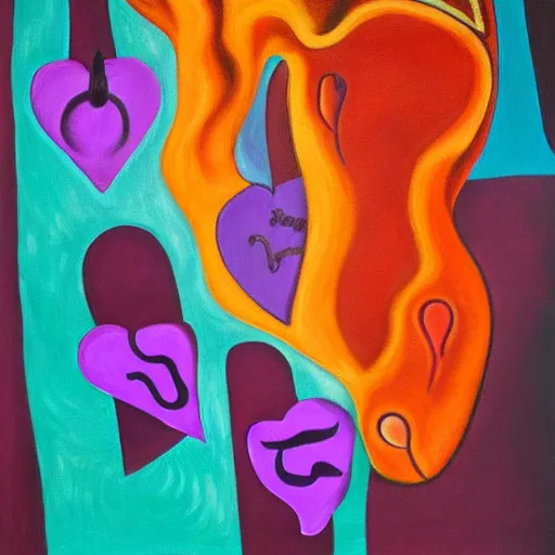 Prompt: a highly detailed painting of the purple hearts in flames, inspired by dali, matisse, klee, bosch, david hockney, trending on artstation, 4 k