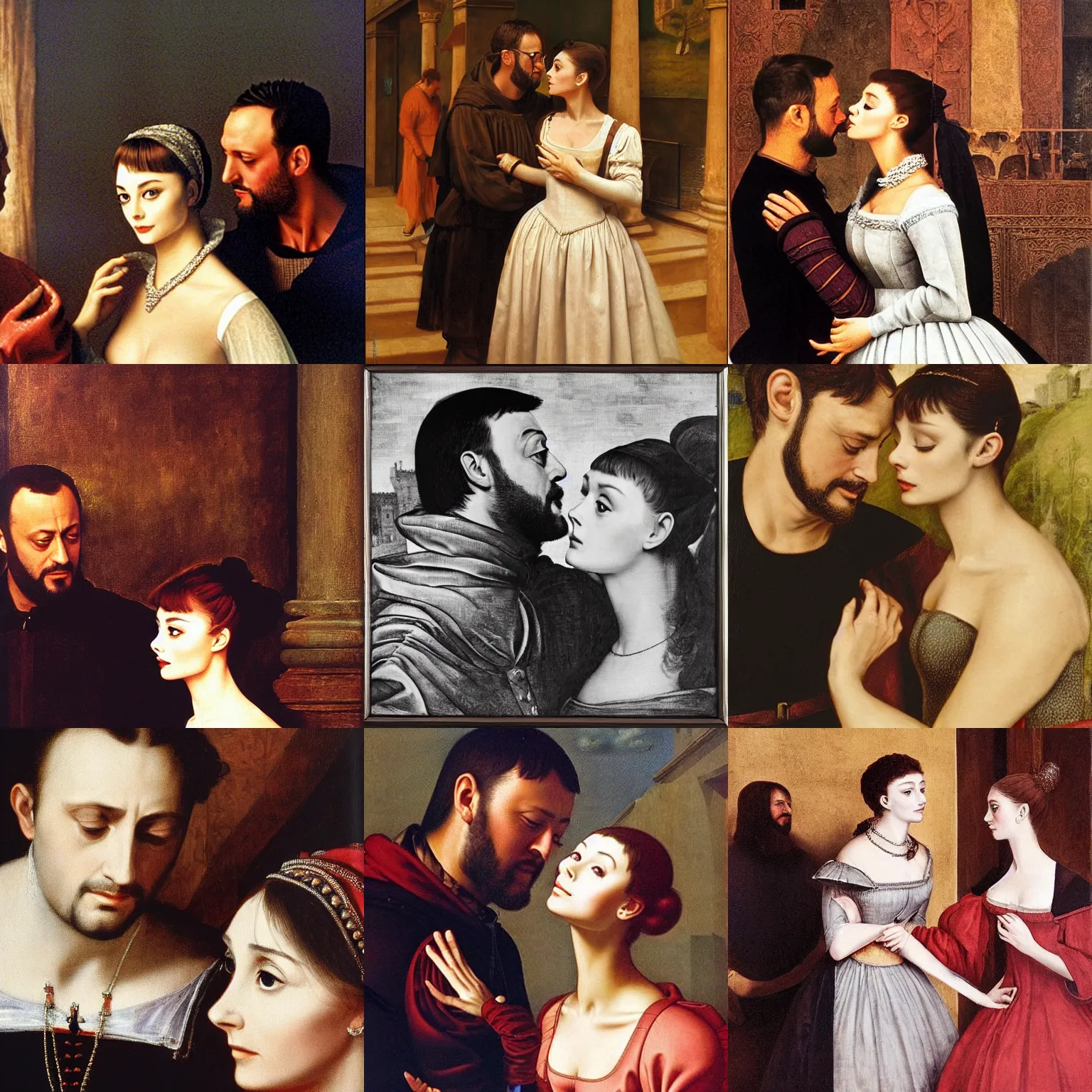 Prompt: Romeo (Jean Reno) and Juliet (Audrey Hepburn), are looking at each other romantically in the in a 15th century. dramatic, romantic, tragic, lumnious, theatrical lighting, oil canvas by Frank Dicksee, Alfred Elmore, Mather Brown