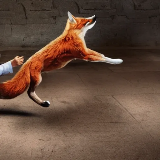 Prompt: man kicking a humanoid fox, humanoid fox on the floor being kicked by a man, realistic