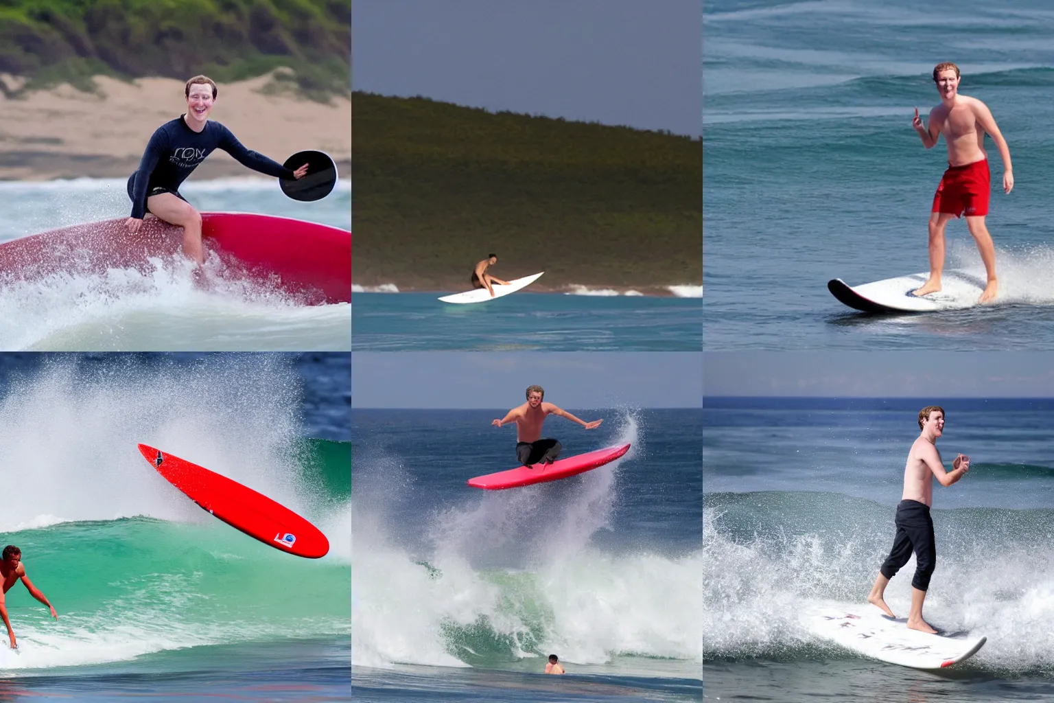 Prompt: mark zuckerberg surf on red water beach