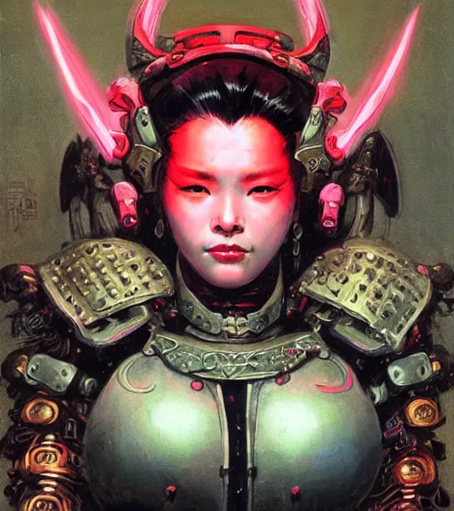 Image similar to portrait of strong korean female chaos angel, beautiful! coherent! by frank frazetta, by brom, strong line, vivid neon color, spiked scrap metal armor, iron helm maximalist