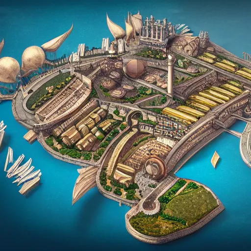 Image similar to Italian renaissance inspired steampunk coastal city, axonometric exploded view, high detail, 8k, photorealistic