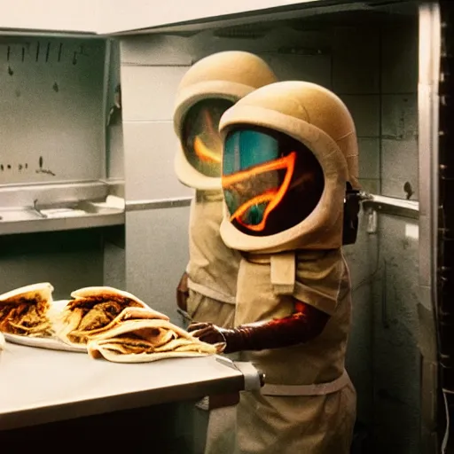 Image similar to alien cooks shawarma in a stall, soviet space, top secret style, realistic photo, cinestill 8 0 0 t, 1 9 7 0 s, color