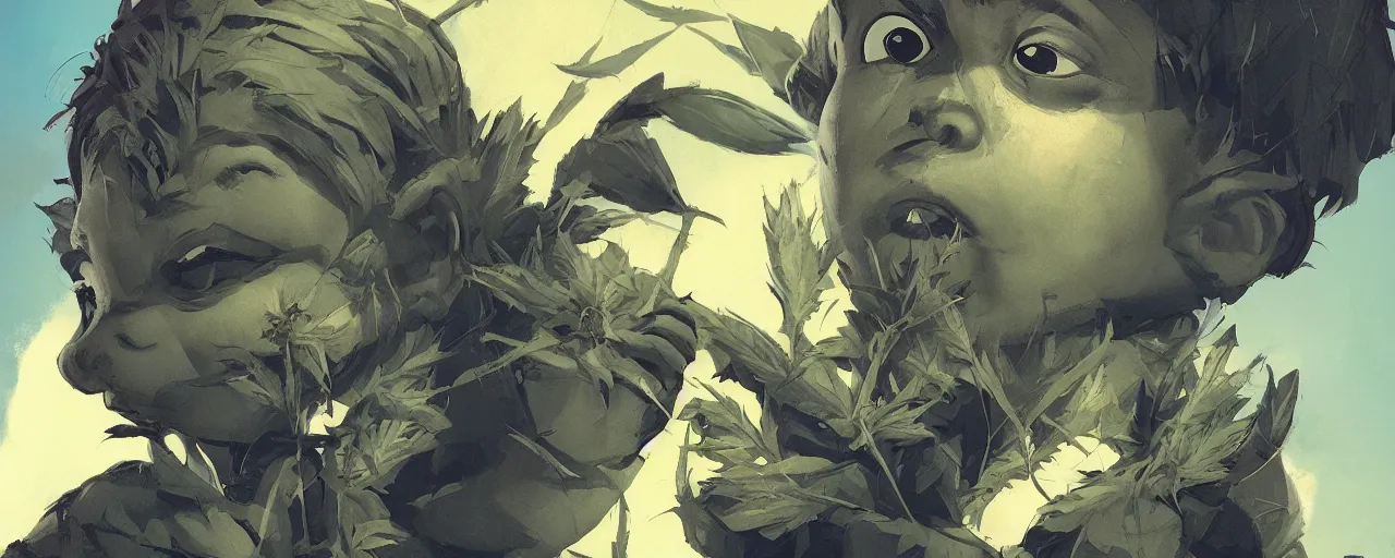 Prompt: duotone concept illustration 3 / 4 portrait of kid face consisting of marijuana, baby groot, cannabis!, cinematic volumentric lighting, jim cheung, david marquez, mike deodato jr, ilya kuvshinov, makoto shinka, behance hd by jesper ejsing, by rhads, hyper detailed, octane render, concept art, artstation