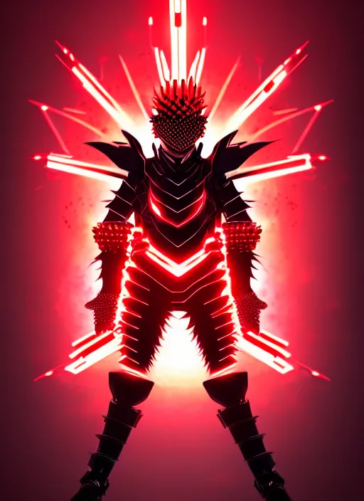 Image similar to a striking cinematic full body manga portrait of a black haired teenager wearing imposing red jagged spiked armour and glowing with red energy by hirohiko araki and beeple, fine details, digital art, character concept art, volumetric lighting, cinematic light, photorealistic