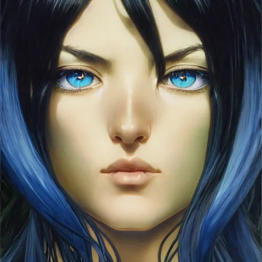 Image similar to highly detailed vfx portrait of nico robin by eiichiro oda!, makoto shinkai, alphonse mucha, msterpriece, art by artgerm and greg rutkowski!, blue eyes!!, large aquiline nose!!, gaston bussiere, stanley kubrick, kaoru mori, intricately detailed, behance, 4 k, hdr